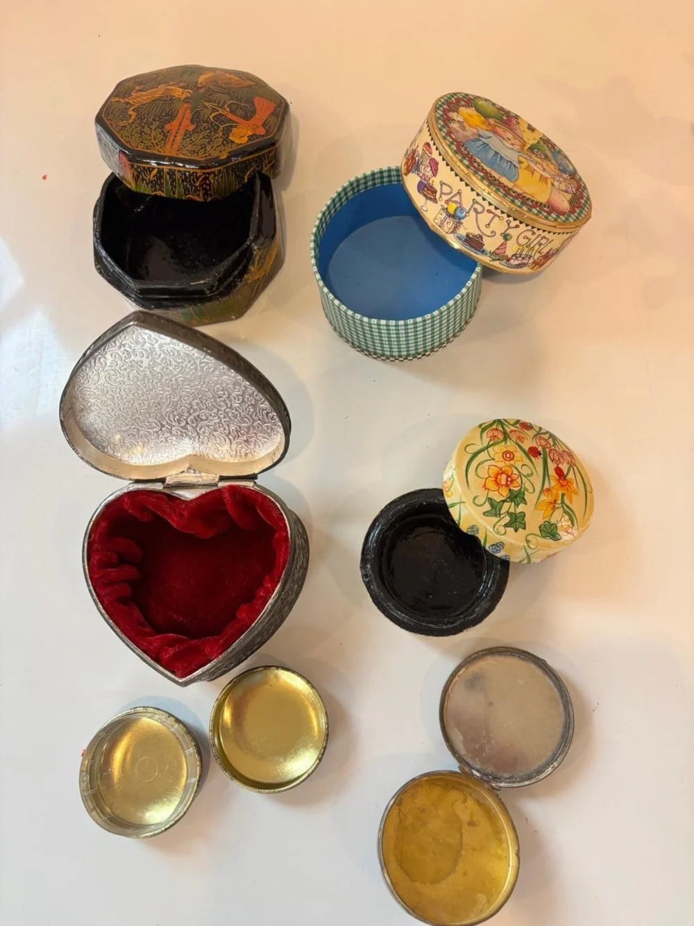 Vintage Box Lot- Kashmiri Papier Mache, Mary Engelbrecht, Heart Velvet, Floral